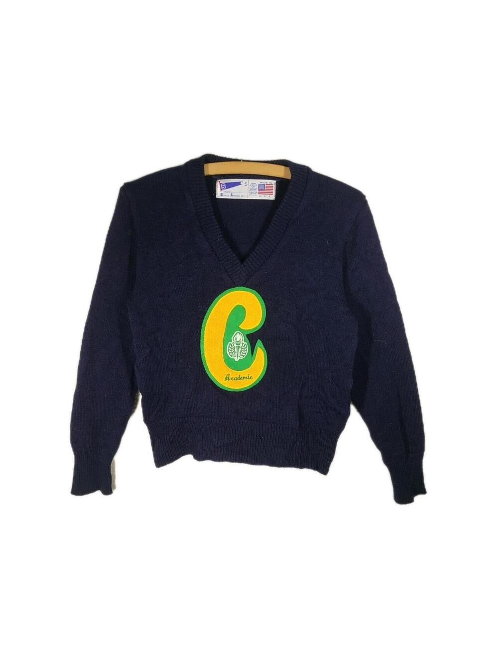 Vtg 70s Letter Sweater Chainstitch Patch Pullover Collegiate Acrylic USA Cheer M
